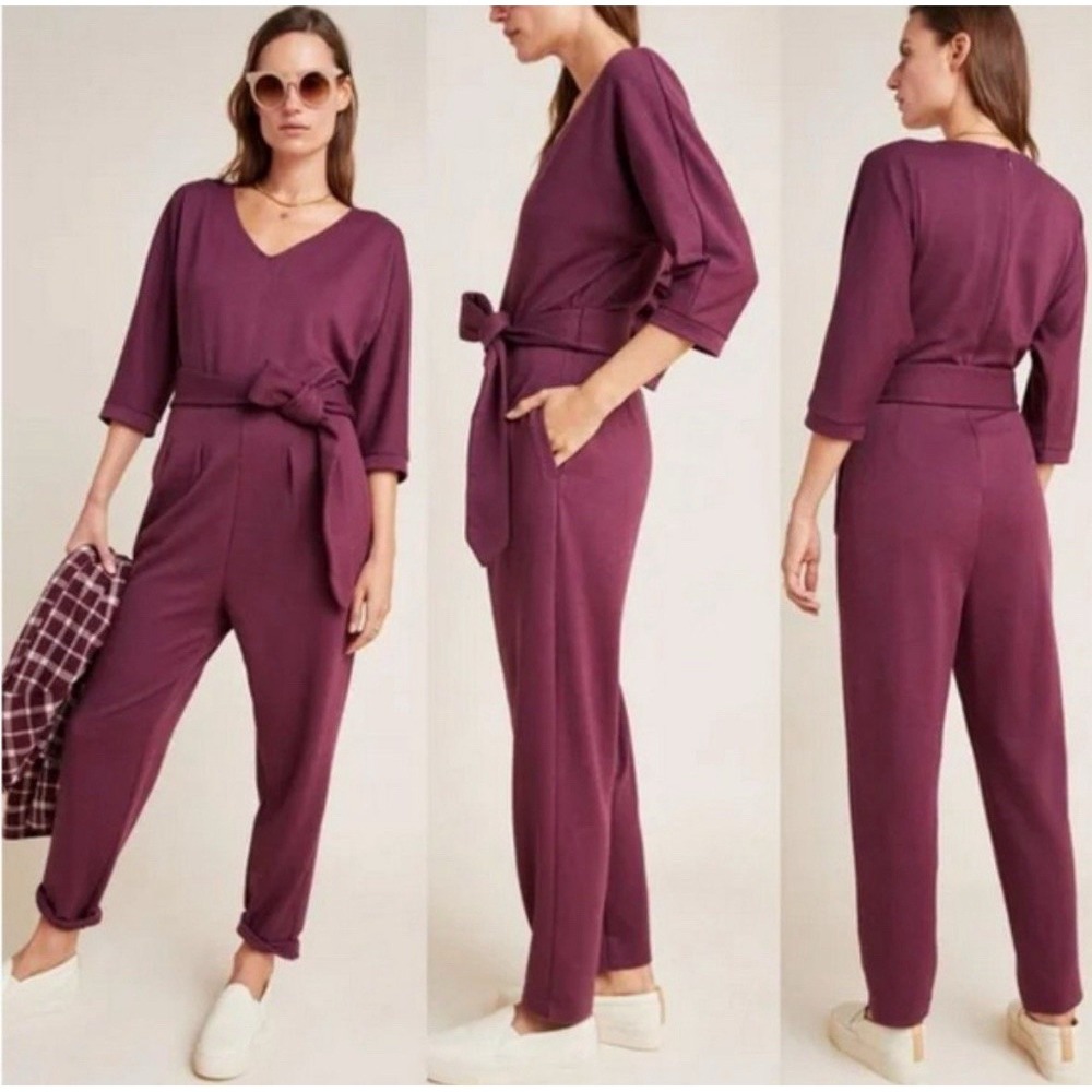 Anthropologie Women's Plum Sutton Ponte Jumpsuit 3/4 Sleeves Belt Size XS $140‎